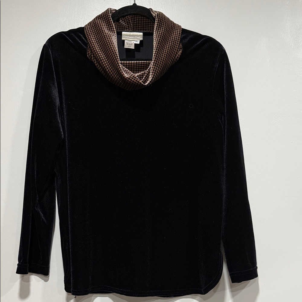Coldwater Creek Black Velvet Like with Brown and Black Checkered Cowl Neck